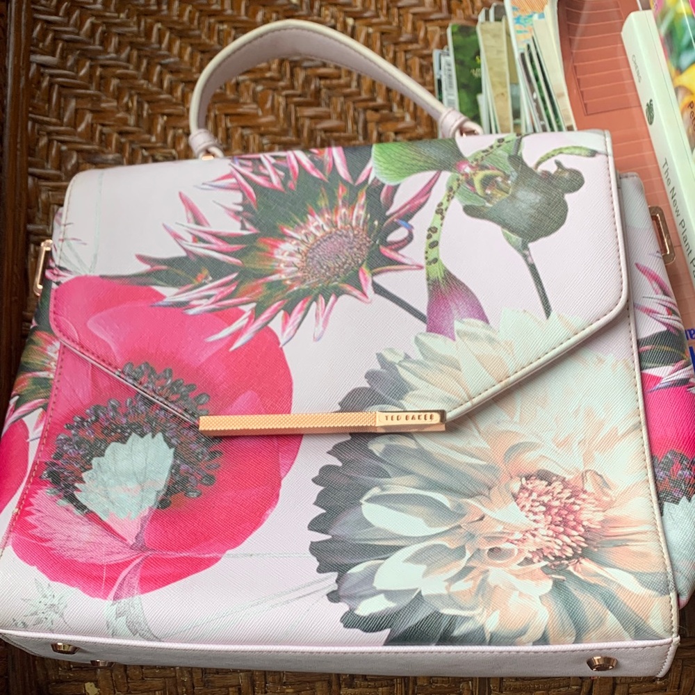 Ted Baker Floral Pink and Green Top-Handle Satchel with Gold Bar